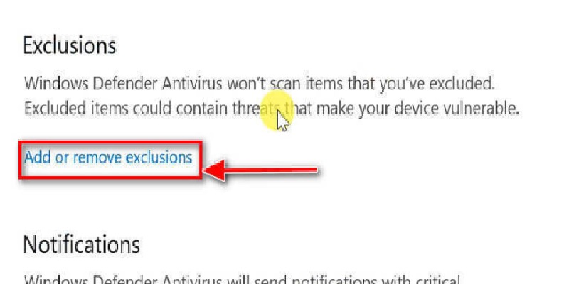 click chọn “Add or remove exclusions”