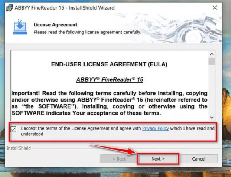 chọn vào ô I accept the term of the License Agreement