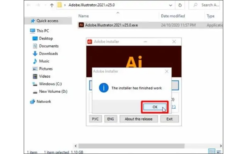 nhấn OK để hoàn tất quá trình tải Illustrator 2021