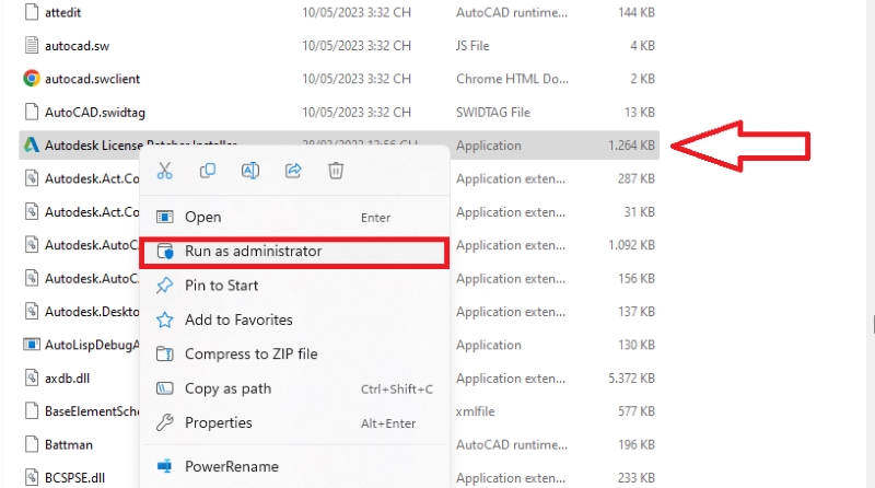 mở file Autodesk License Patcher Installer bằng quyền admin