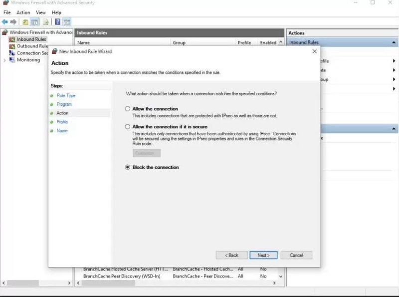 Tích chọn “Block the connection” rồi nhấn “Next”