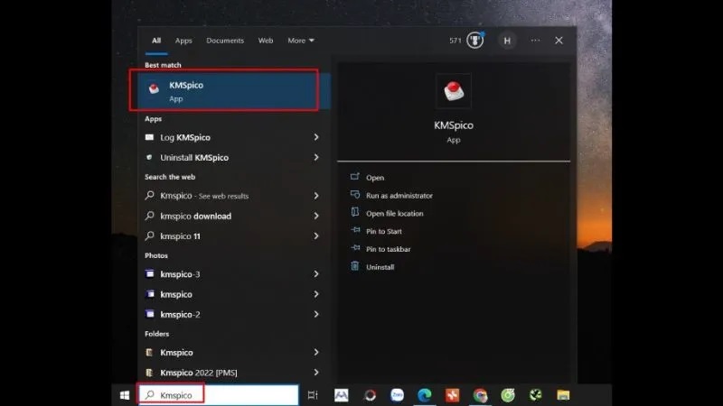 Mở Windows và nhập từ khóa "KMSpico"