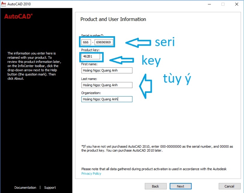 nhập mã Serial Number và Product Key