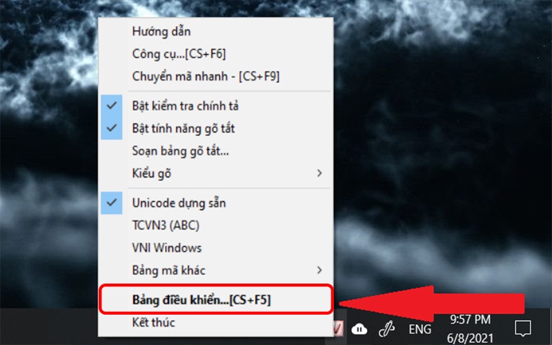 nhấp chuột vào biểu tượng Unikey và chọn Bảng điều khiển