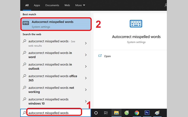 Gõ autocorrect misspelled words vào ô tìm kiếm