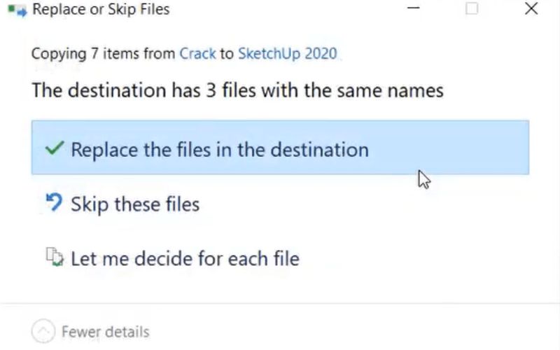 chọn replace the files in the destination