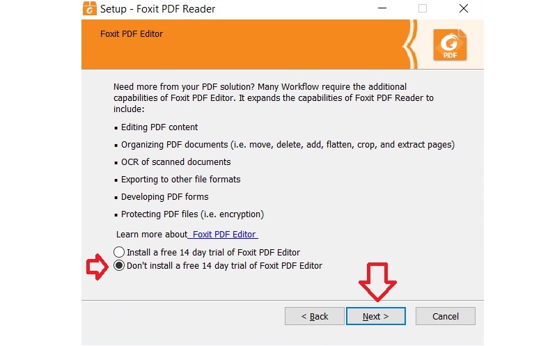 Don't install free 14 day trial of Foxit PDF Editor