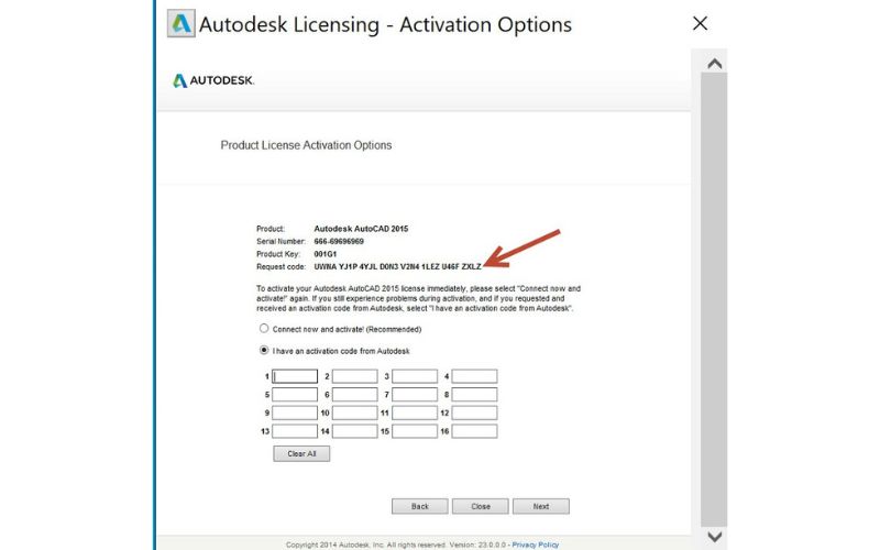 tick chọn I have an activation code from Autodesk