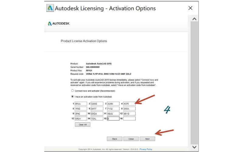 copy Activation Code rồi dán vào ô kích hoạt trong AutoCAD
